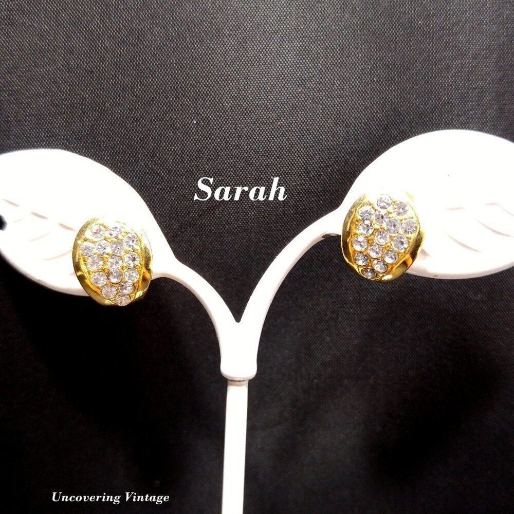 Vintage Sarah Coventry Clip Earrings, Clear Rhinestones, Gold Tone, 1/2 Inches